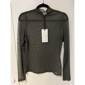 Sheer Mesh Long-Sleeve Mock Neck Top in Olive